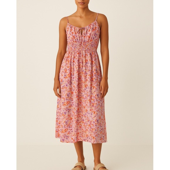 H&M Floral Sleeveless Pink Midi Dress Smocked 100% Cotton M Cottage Babydoll - Picture 1 of 10